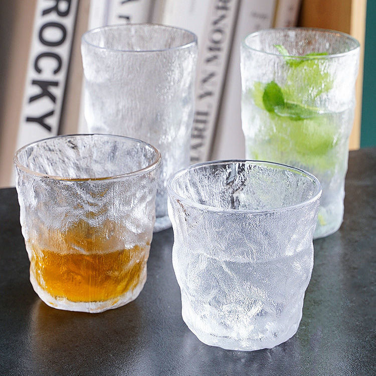 Taza de cristal de estilo japonés, taza glaciar doméstica, taza de agua con textura martillada.