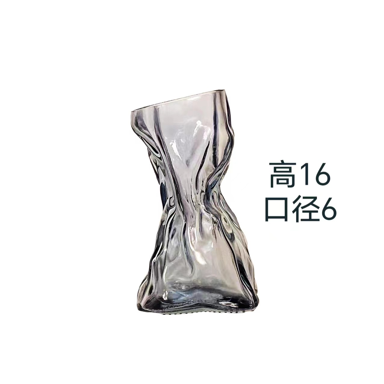 Florero tipo bolsa de dinero de vidrio con diseño plisado
